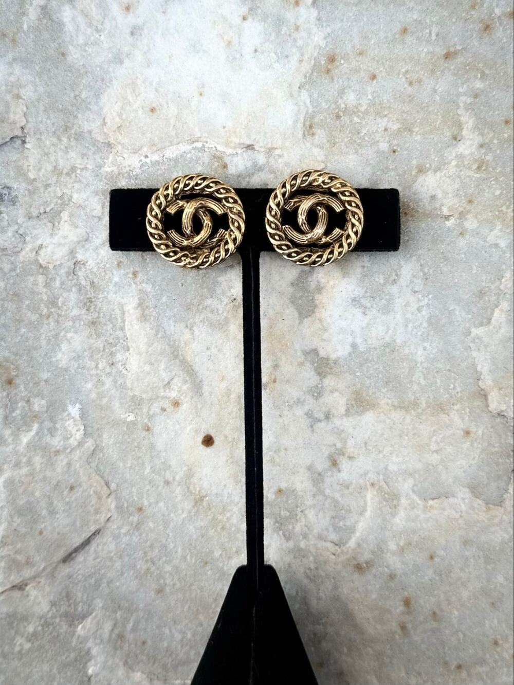 CHANEL CC Logo Earrings Gold Clip On 2190 Vintage w/ COA